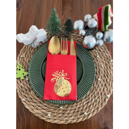 Gold Yaldızlı Yılbaşı Çam Ağacı Süsü 12 li Kırmızı Renkli Kağıt Cepli Peçete