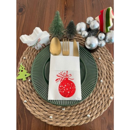 Kırmızı Yaldızlı Yılbaşı Çam Ağacı Süsü 12 li Beyaz Renkli Kağıt Cepli Peçete