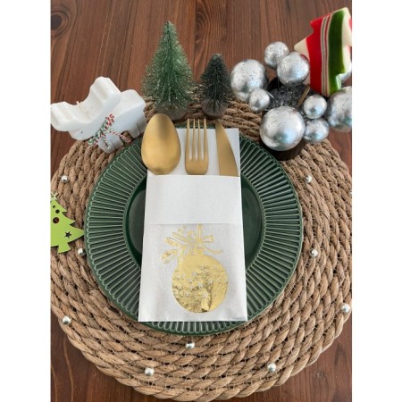 Gold Yaldızlı Yılbaşı Çam Ağacı Süsü 12 li Beyaz Renkli Kağıt Cepli Peçete