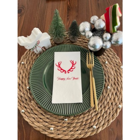 Kırmızı Yaldızlı Beyaz Happy New Year Geyik Boynuzu Peçete 16 lı