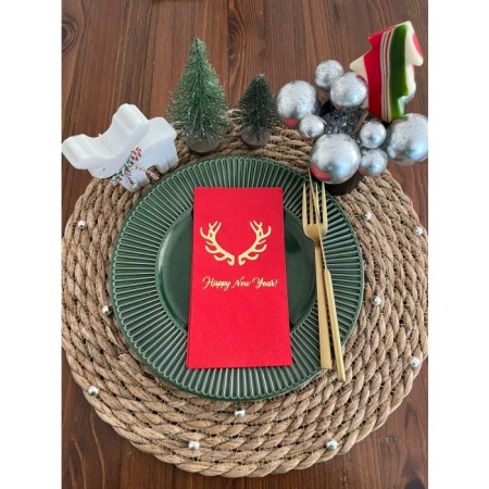 Gold Yaldızlı Kırmızı Happy New Year Geyik Boynuzu Peçete 16 lı