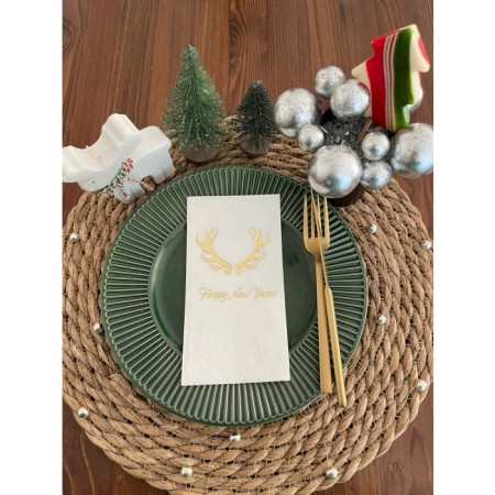 Gold Yaldızlı Beyaz Happy New Year Geyik Boynuzu Peçete 16 lı