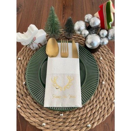 Gold Yaldızlı Beyaz Cepli Aır Touch Happy New Year Geyik Boynuzu Peçete 12 Adet 40x40