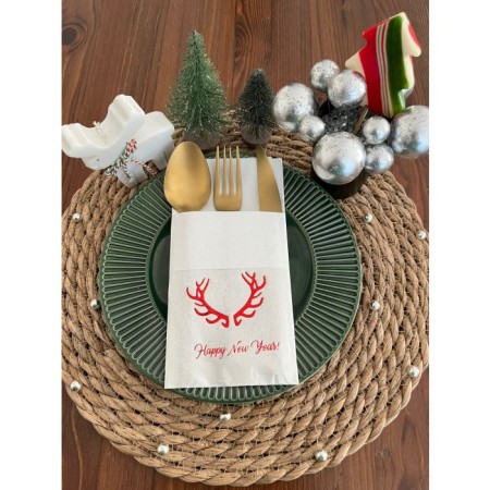 Kırmızı Yaldızlı Beyaz Cepli Aır Touch Happy New Year Geyik Boynuzu Peçete 12 Adet 40x40
