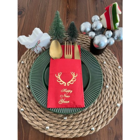 Gold Yaldızlı Kırmızı Cepli Küçük Geyik Boynuzu Peçete 12 Adet 40x40