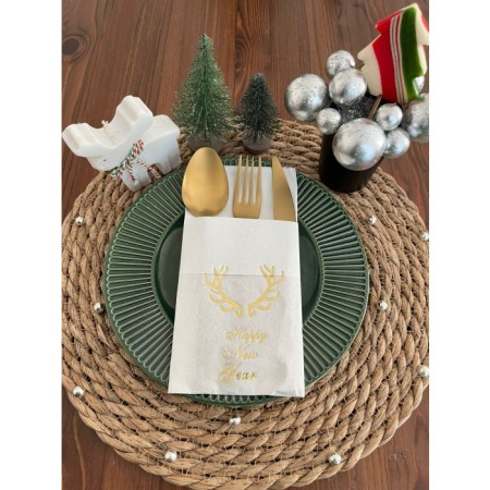 Gold Yaldızlı Beyaz Cepli Küçük Geyik Boynuzu Peçete 12 Adet 40x40