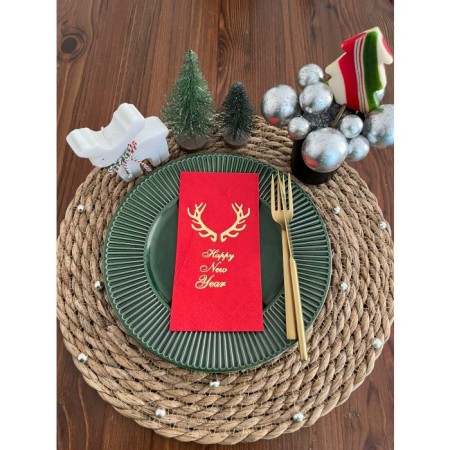 Gold Yaldızlı Kırmızı Happy New Year Küçük Geyik Boynuzu Peçete 16 lı