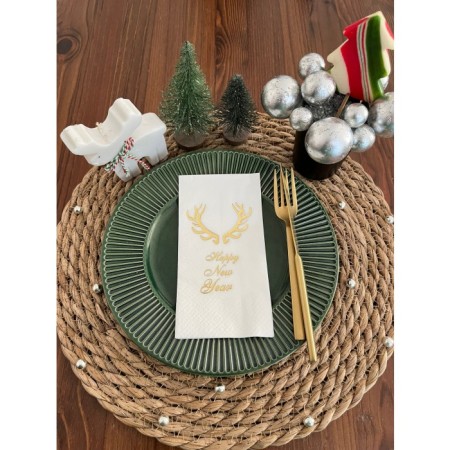 Gold Yaldızlı Beyaz Happy New Year Küçük Geyik Boynuzu Peçete 16 lı