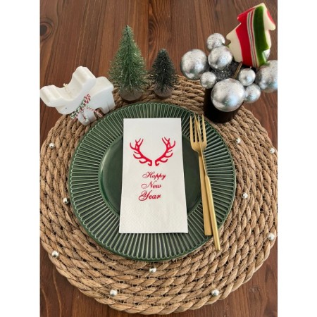 Kırmızı Yaldızlı Beyaz Happy New Year Küçük Geyik Boynuzu Peçete 16 lı