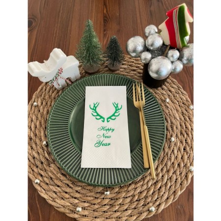 Yeşil Yaldızlı Beyaz Happy New Year Küçük Geyik Boynuzu Peçete 16 lı