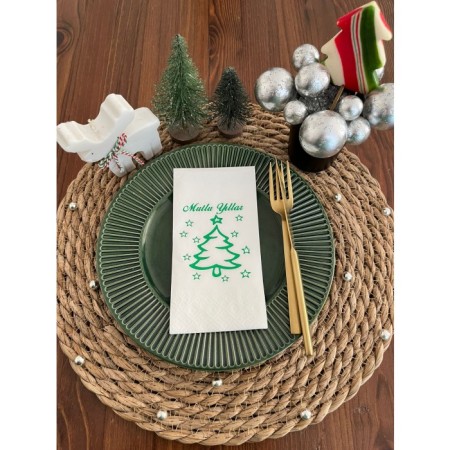 Yeşil Yaldızlı Beyaz Mutlu Yıllar Çam Ağacı Peçete 16 lı