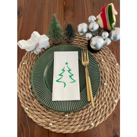 Yeşil Yaldızlı Yılbaşı Çam Ağacı Desenli 16 lı Beyaz Renkli Kağıt Peçete