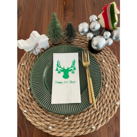 Yeşil Yaldızlı Beyaz Yılbaşı Geyik Modeli Peçete 16 lı