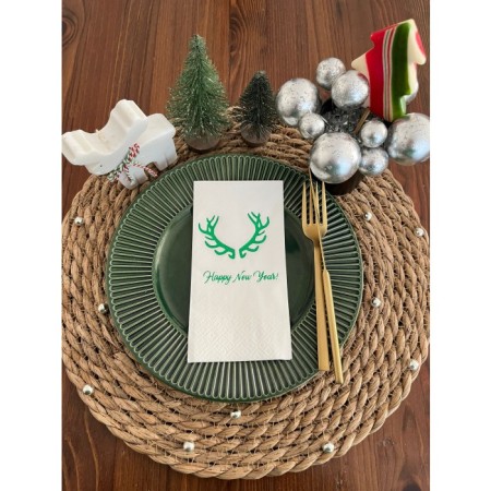 Yeşil Yaldızlı Beyaz Happy New Year Geyik Boynuzu Peçete 16 lı