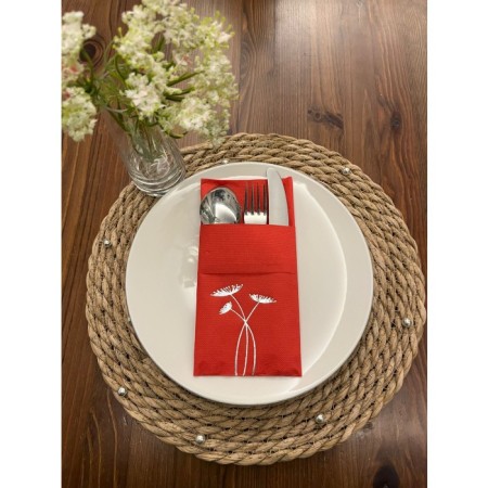 Gümüş Yaldızlı Kırmızı Cepli Havuç Çiçeği Peçete 12 Adet 40x40