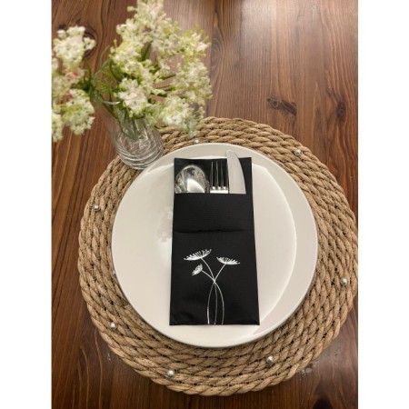 Gümüş Yaldızlı Siyah Cepli Havuç Çiçeği Peçete 12 Adet 40x40