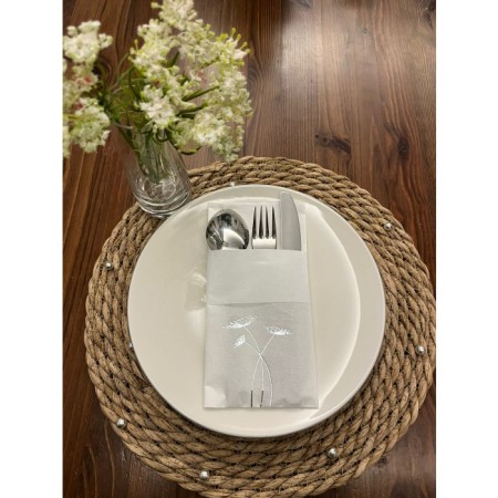 Gümüş Yaldızlı Beyaz Cepli Havuç Çiçeği Peçete 12 Adet 40x40