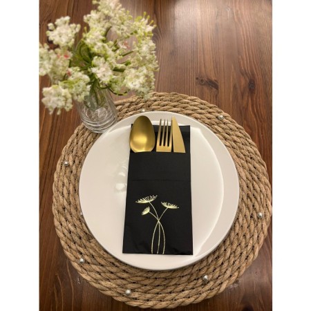 Gold Yaldızlı Siyah Cepli Havuç Çiçeği Peçete 12 Adet 40x40