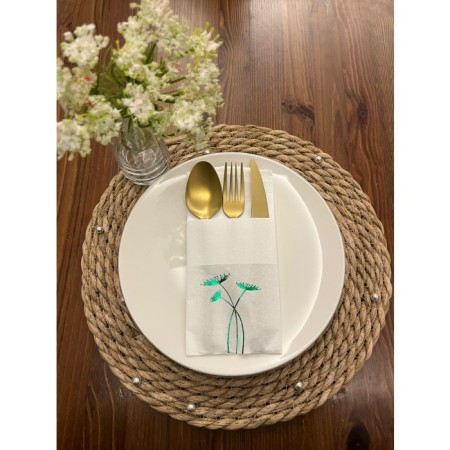 Yeşil Yaldızlı Beyaz Cepli Havuç Çiçeği Peçete 12 Adet 40x40