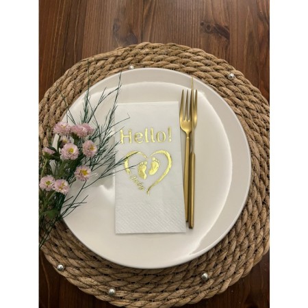 Gold Yaldızlı Beyaz hello Baby Ayaklı Peçete 16 Adet