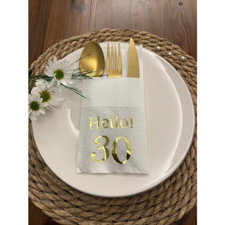 Gold Yaldızlı Beyaz Cepli Hello Otuz Yaş Peçete 12 Adet 40x40