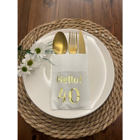 Gold Yaldızlı Beyaz Cepli Hello Kırk Yaş Peçete 12 Adet 40x40