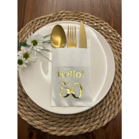 Gold Yaldızlı Beyaz Cepli Hello Elli Yaş Peçete 12 Adet 40x40