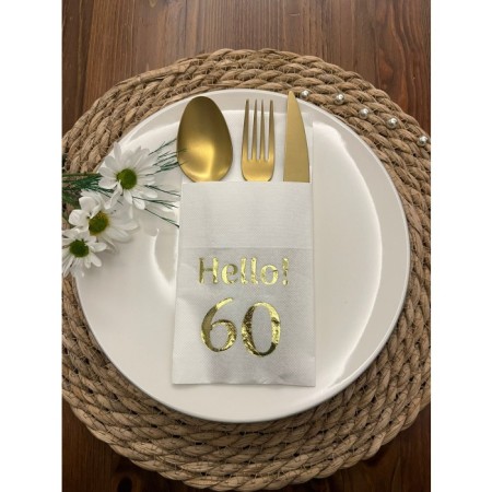 Gold Yaldızlı Beyaz Cepli Hello Altmış Yaş Peçete 12 Adet 40x40