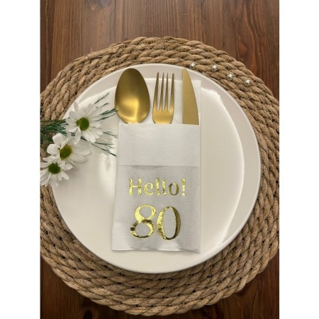 Gold Yaldızlı Beyaz Cepli Hello Seksen Yaş Peçete 12 Adet 40x40