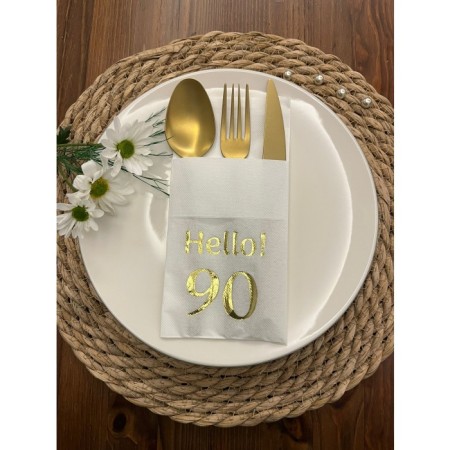 Gold Yaldızlı Beyaz Cepli Hello Doksan Yaş Peçete 12 Adet 40x40