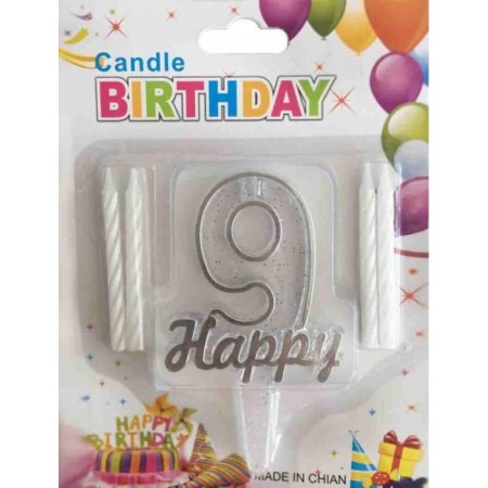 Happy Yazılı Gümüş 9 Rakam Mum