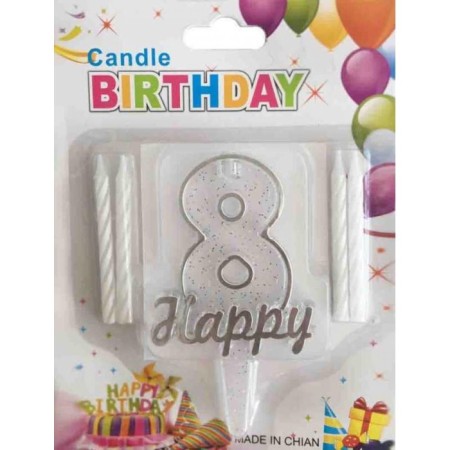 Happy Yazılı Gümüş 8 Rakam Mum