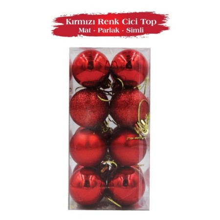 Yılbaşı Top Süs 3 Cm Mat Simli Parlak Kırmızı 16lı