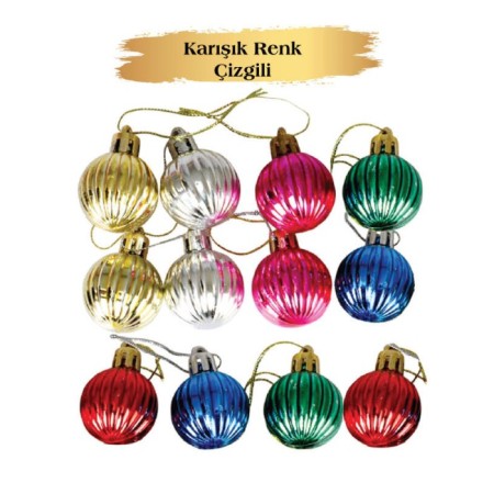 Yılbaşı Top Süs 3 cm Renkli Çizgili 12 li