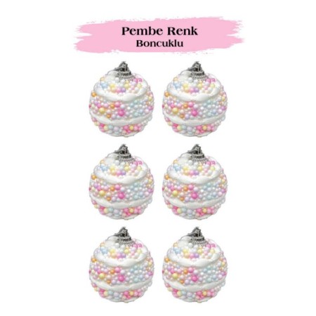 Yılbaşı Top Süs 5 Cm Pembe Renkli Boncuklu 6 Lı