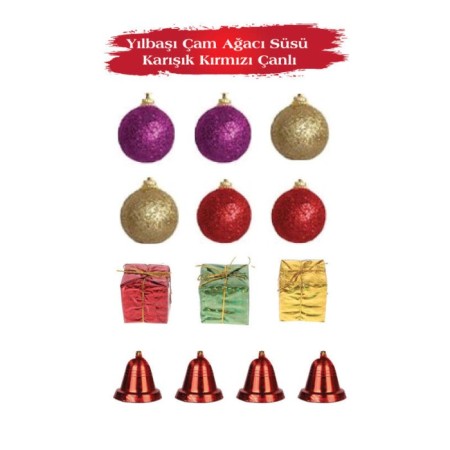 Yılbaşı Çam Ağacı Süsü Karışık Kırmızı Çanlı 13lü