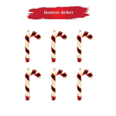Yılbaşı Ağaç Süsü Baston Şeker Kırmızı 7 Cm 6 Lı