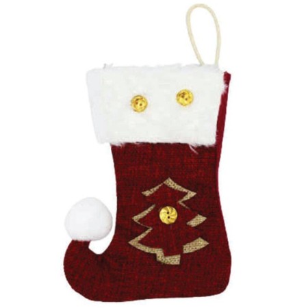 Yılbaşı Çorabı Hasır Kumaş Çam Ağacı Figürlü Ponponlu Küçük 13x18 cm
