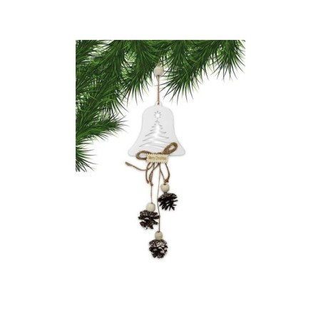 Yılbaşı Kapı Süsü Ahşap Çan Model Kozalaklı 30 Cm Beyaz 3 lü