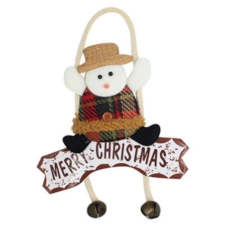 Yılbaşı Kapı Süsü Merry Christmas Kardan Adam Tekli Ekoseli Çanlı 22 Cm