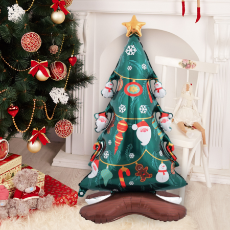 Ayaklı Çam Ağacı Kardan Adam Desenli  Folyo Balon 58x120 cm