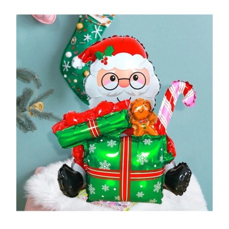 Yılbaşı Hediye Paketli Oturan Noel Baba Temalı Folyo Balon 102x62 cm