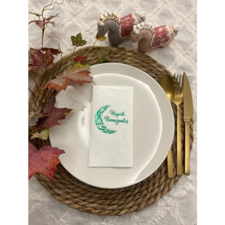 Yeşil Yaldızlı Hayırlı Ramazanlar Ay Desenli 16 lı Beyaz Renkli Kağıt Peçete