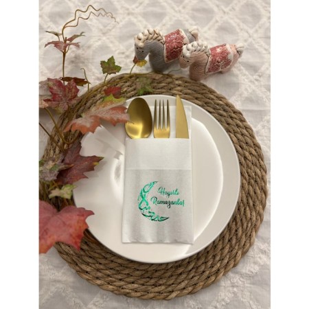 Yeşil Yaldızlı Hayırlı Ramazanlar Ay Desenli 12 li Beyaz Renkli Kağıt Cepli Peçete