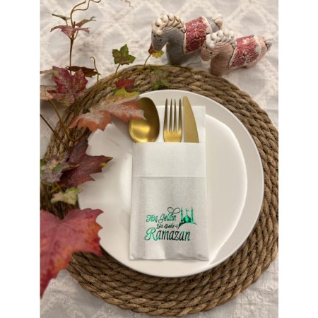 Yeşil Yaldızlı Beyaz Hoş Geldin Ya Şehri Ramazan Cepli Aır Touch Peçete 12 lı 40x40