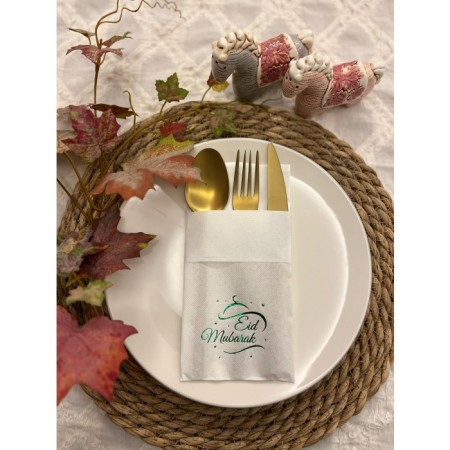 Yeşil Yaldızlı Beyaz Eid Mubarak Cepli Peçete 12 lı 40x40