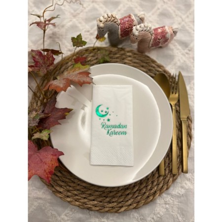 Yeşil Yaldızlı Beyaz Ramadan Kareem Ay Desenli Peçete 16 Adet