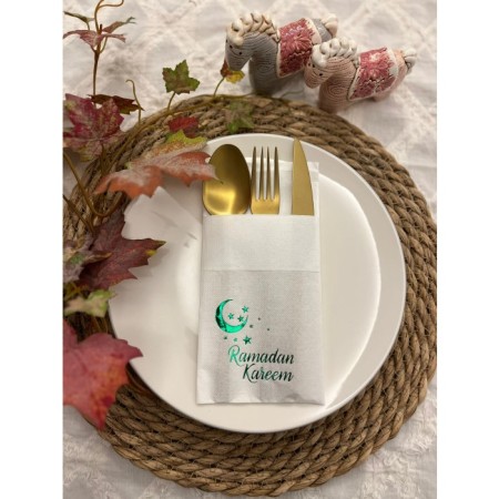 Yeşil Yaldızlı Ramadan Kareem Ay Desenli 12 li Beyaz Renkli Kağıt Cepli Peçete