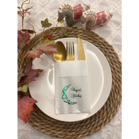 Yeşil Yaldızlı Hayırlı İftarlar Ay Desenli 12 li Beyaz Renkli Kağıt Cepli Peçete