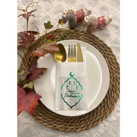 Yeşil Yaldızlı Beyaz Hoş Geldin Ya Şehri Ramazan Cepli Peçete 12 li Yeni Model